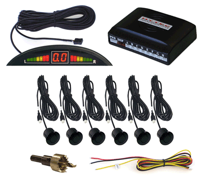 Front and Rear Parking Sensor System with 6 Black Sensors and LED display with Built-in Audible Alert