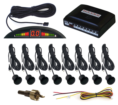 Front and Rear Parking Sensor System with 8 Black Sensors and LED display with Built-in Audible Alert
